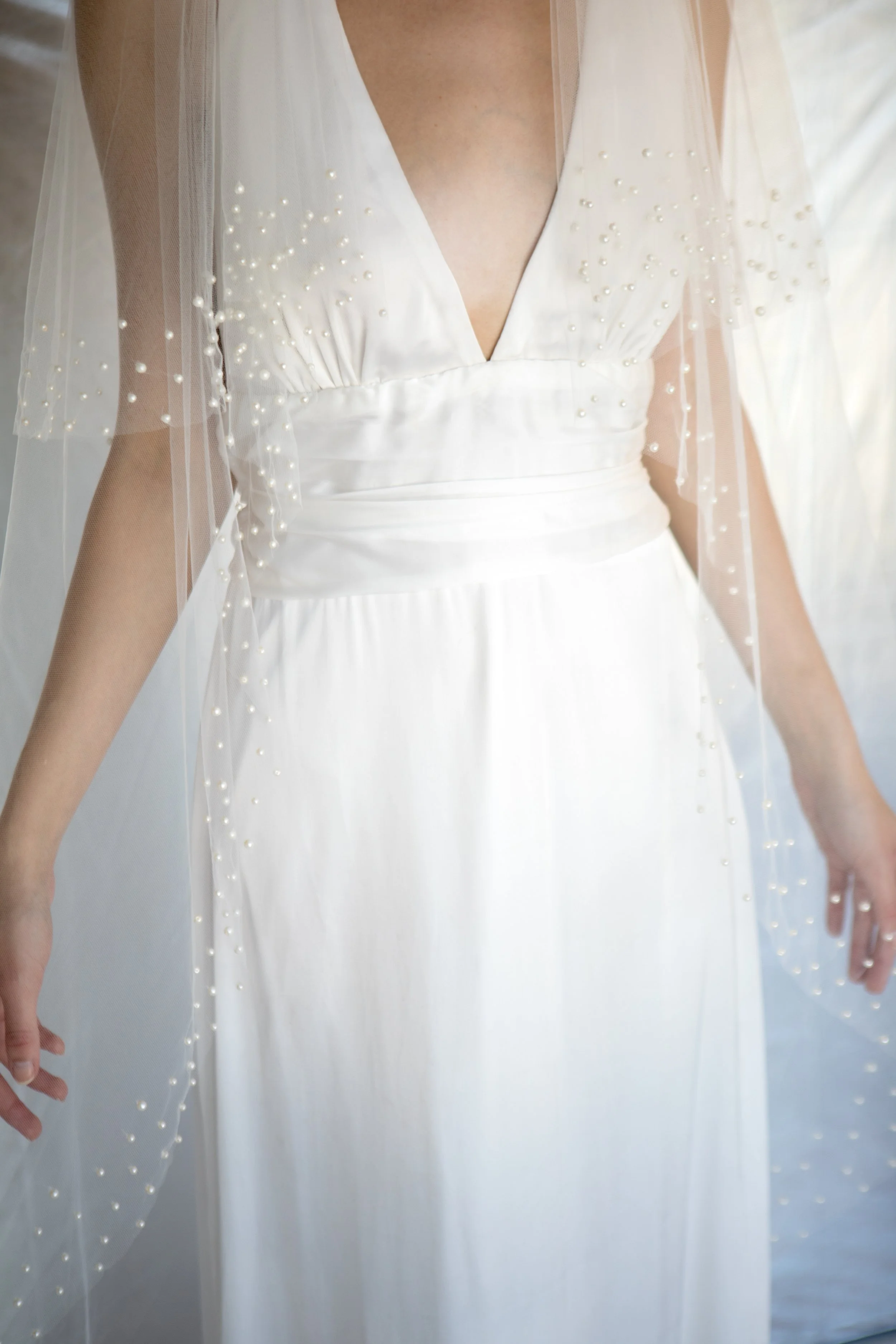 Pearl scattered two tier fold over Heavenly Orb bridal veil by